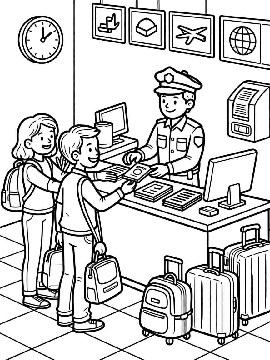 A border patrol officer checks passports at a busy airport counter.