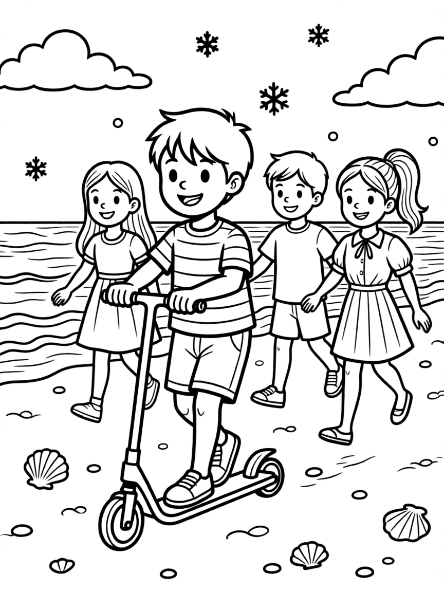 A boy in a striped shirt riding a scooter with three friends at the beach while snowflakes fall softly.