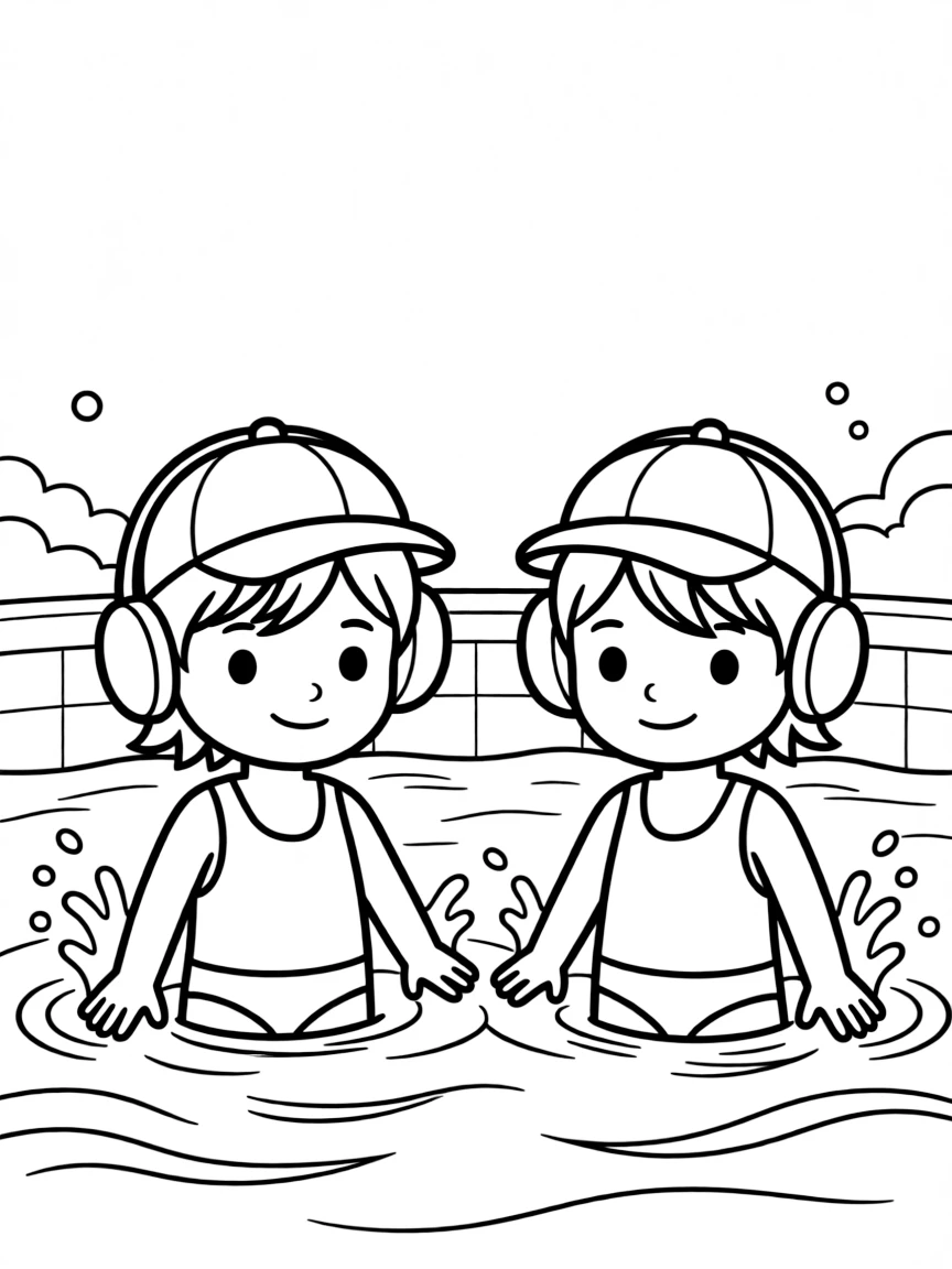 A pair of twin siblings, wearing a colorful cap with ear guards while treading water at midpool.