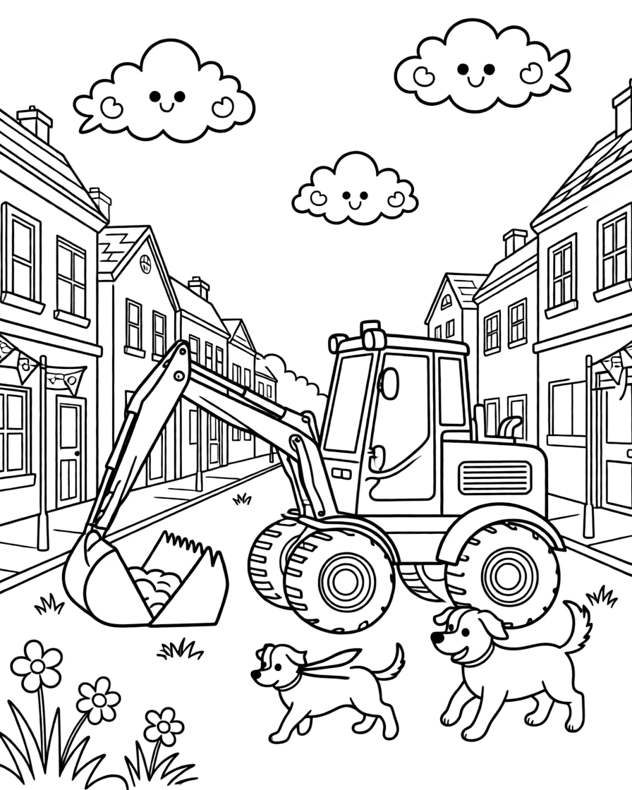 This coloring page shows a backhoe loader scooping earth with its front bucket making its way across a small town main street decorated with fluttering flags, accompanied by a friendly dog with its ears flapping in the wind, while fluffy clouds shaped like animals drifting overhead adds extra charm to the scene.