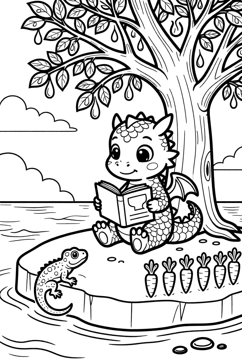 A baby dragon reading a storybook under a tree with a gecko on an iceberg in the arctic sea, near a row of carrots, as dewdrops sparkle on the leaves.