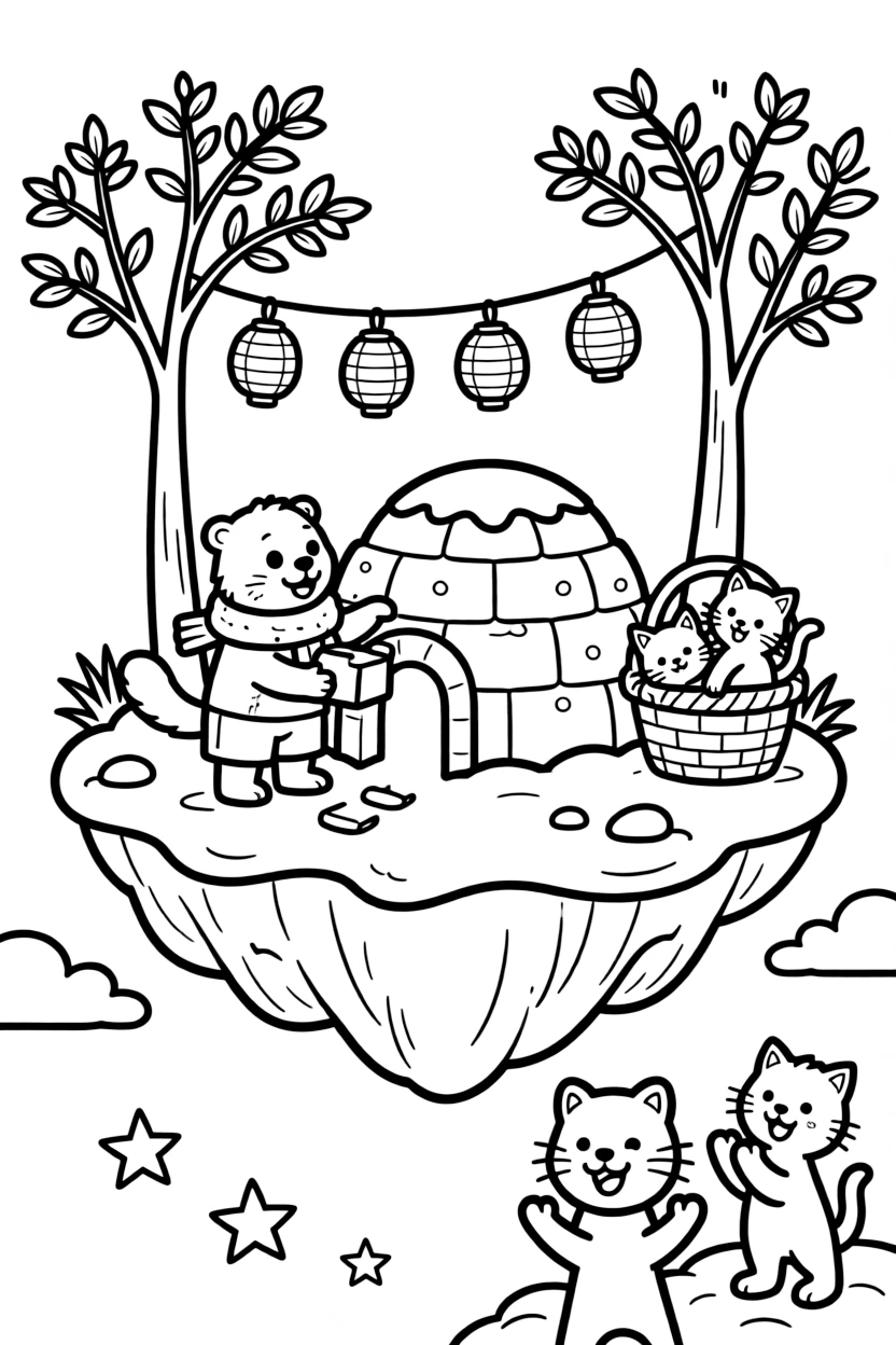 On a floating island drifting through the sky, a tiny otter surfer is busy building an igloo fort with sparkling snow bricks, cheered on by a string of lanterns swaying gently overhead and a basket of kittens tumbling over each other. Everyone claps and cheers at the happy sight.