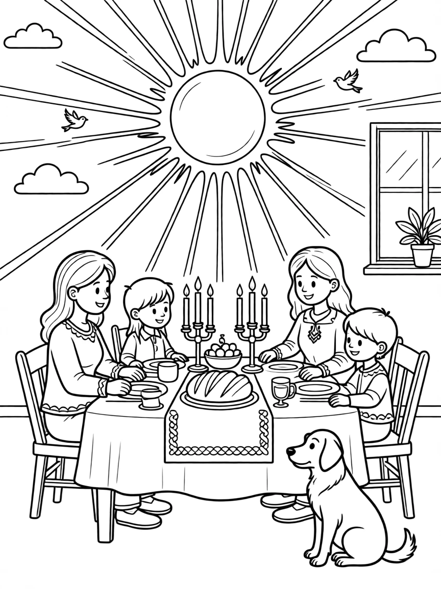 A coloring page capturing everyday life in Israel: a family gathering around a table for a Shabbat dinner with candles, with a loyal pet nearby and a warm sun shining overhead.