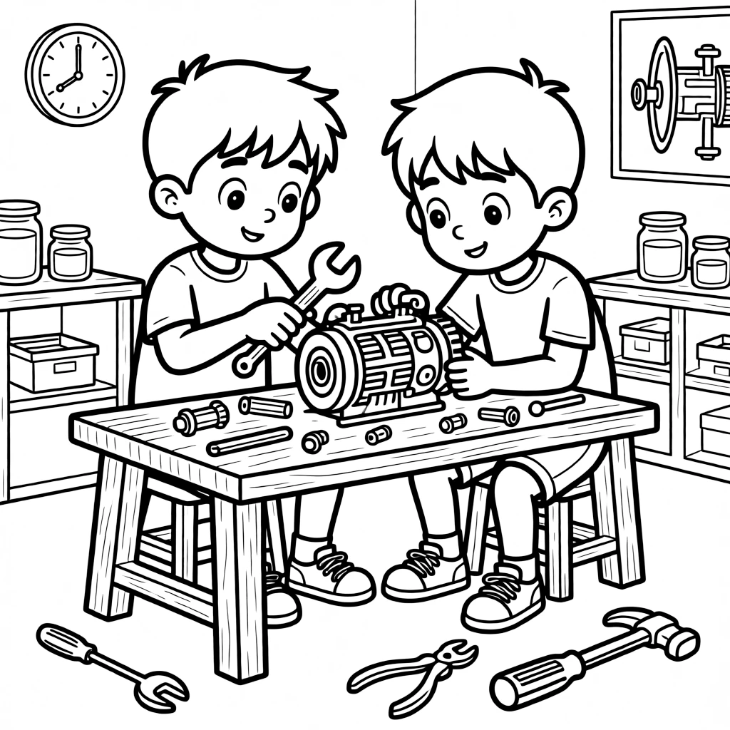 adventurous twin brothers examine a toy engine with a wrench during a young mechanic lesson.