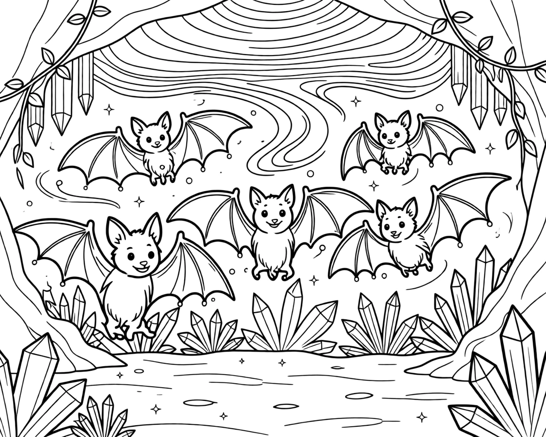 A crystal cave choir of glowing bats sings in harmony, their voices creating ripples of light across the cavern ceiling.