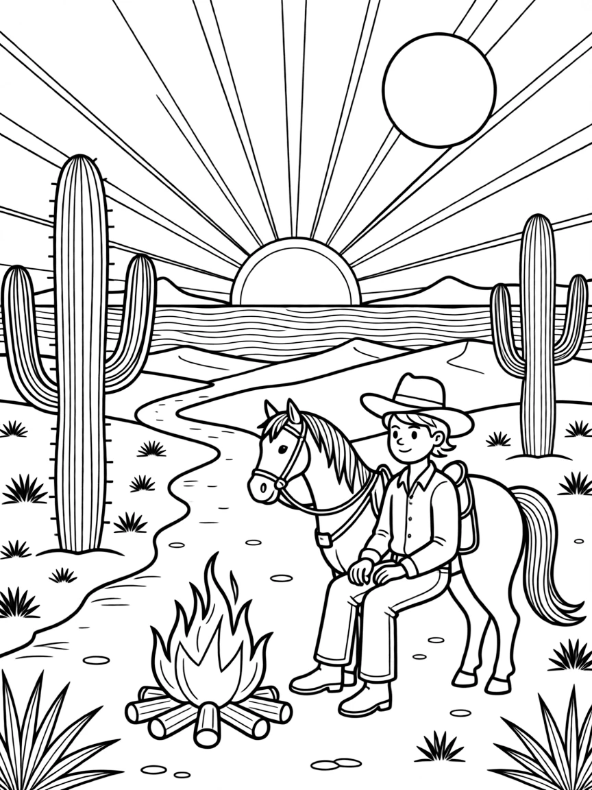 [Cowboys] a cowboy resting by a campfire watching a sunset from horseback along a dusty desert trail, looking determined and brave, while cacti dot the desert landscape fills the surrounding area. A wide-brimmed hat shades the rider's face. Set under a full moon, with heat waves shimmering in the distance, the page bursts with adventure and imagination.