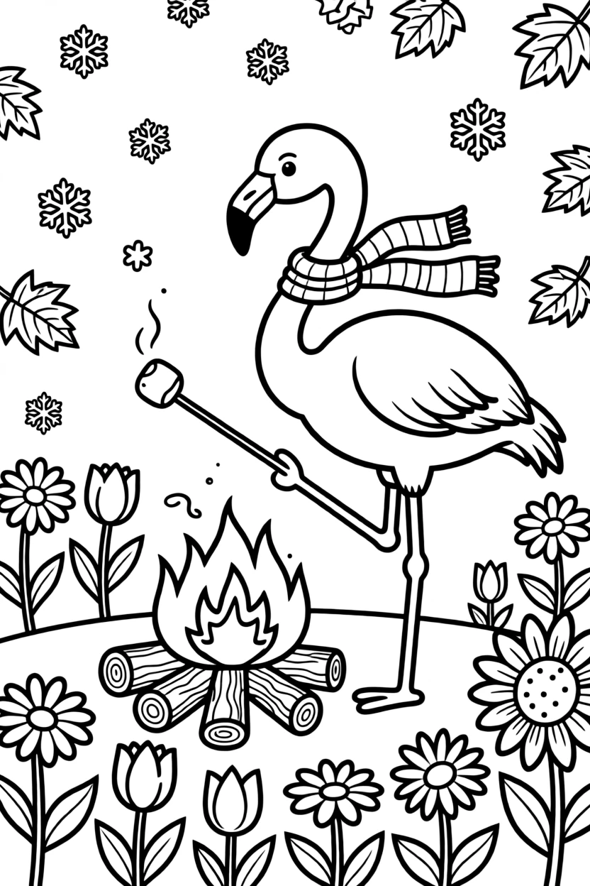 A pink flamingo standing on one leg is roasting marshmallows over a crackling campfire in a sunny flower garden bursting with blooms. Just beyond, gently falling snowflakes and swirling autumn leaves in every color round out the happy picture.
