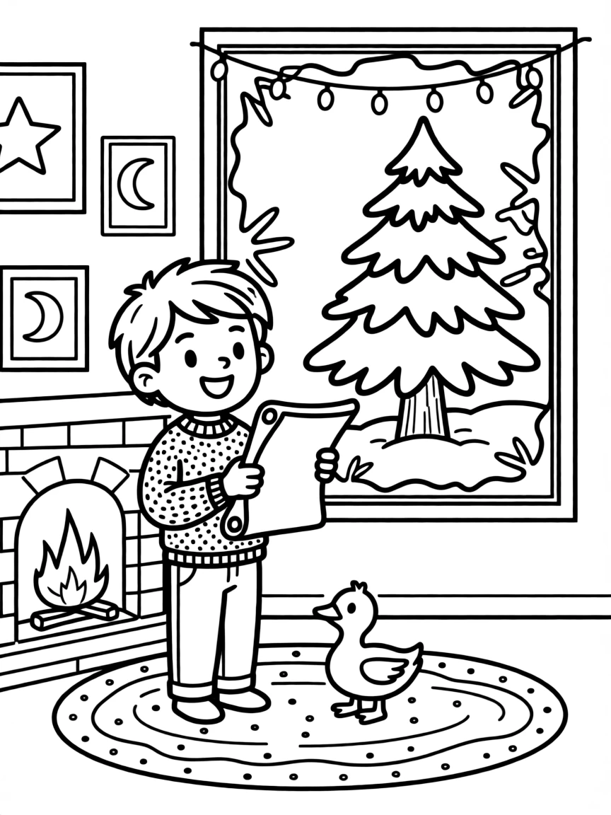 A poet reciting verses beside a warm fire in a warmly lit living room with frost on the windows, while a waddling duckling looks on nearby, a string of twinkling lights and a snow-covered pine tree completing the scene.