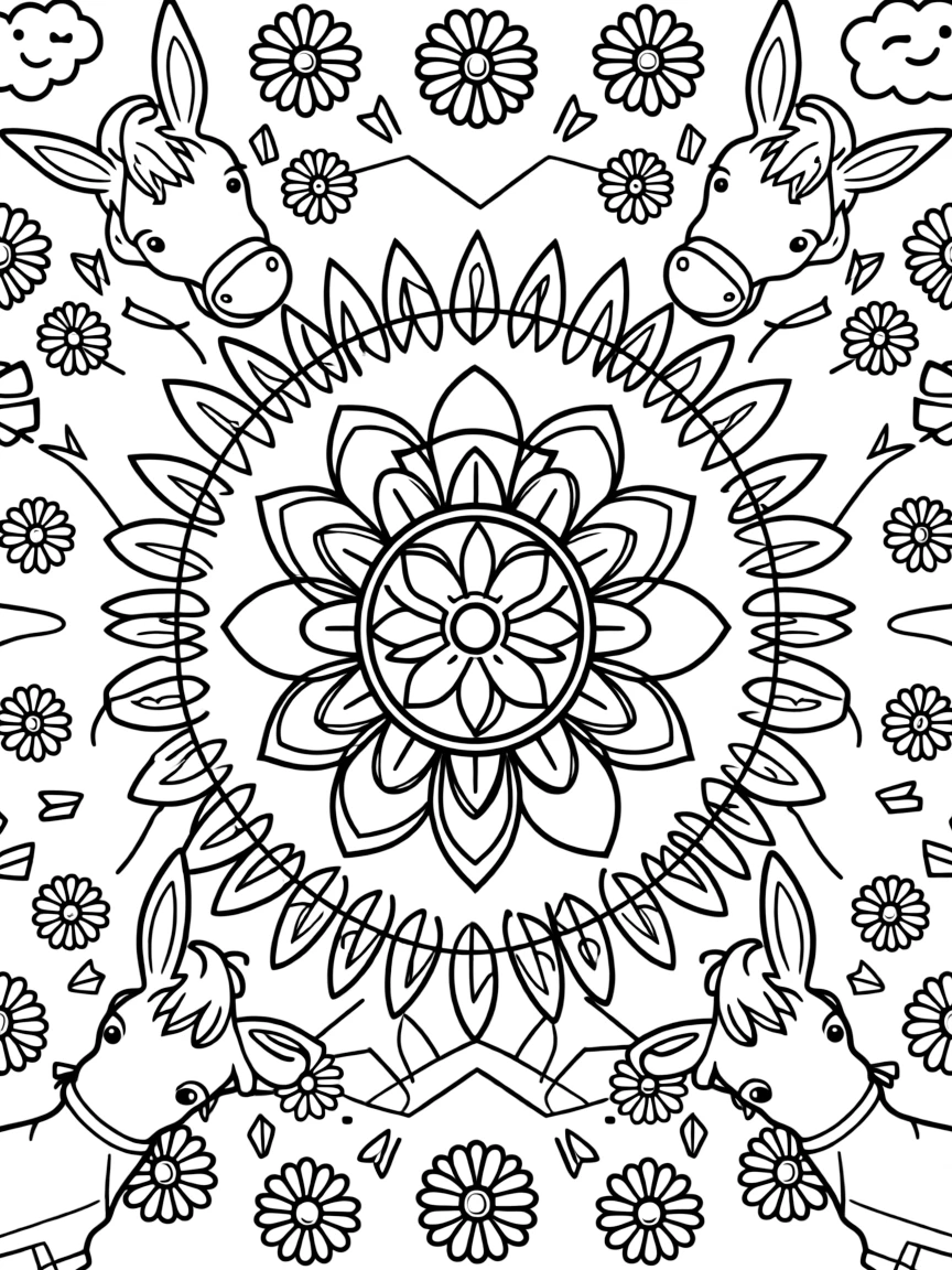 Farm Animals: The page centers on a repeating motif of a donkey with long upright ears, built around a blooming flower-shaped mandala with layered petal rings. The motif is arranged evenly around the four edges of the page, forming a continuous decorative frame around a clear center space. Decorative details fill the surrounding space, including rows of teardrop-shaped petals, angular crystal facets, and layered flower rosettes woven throughout the background. A playful extra touch completes the page: a small round cloud with a friendly face tucked into a corner.