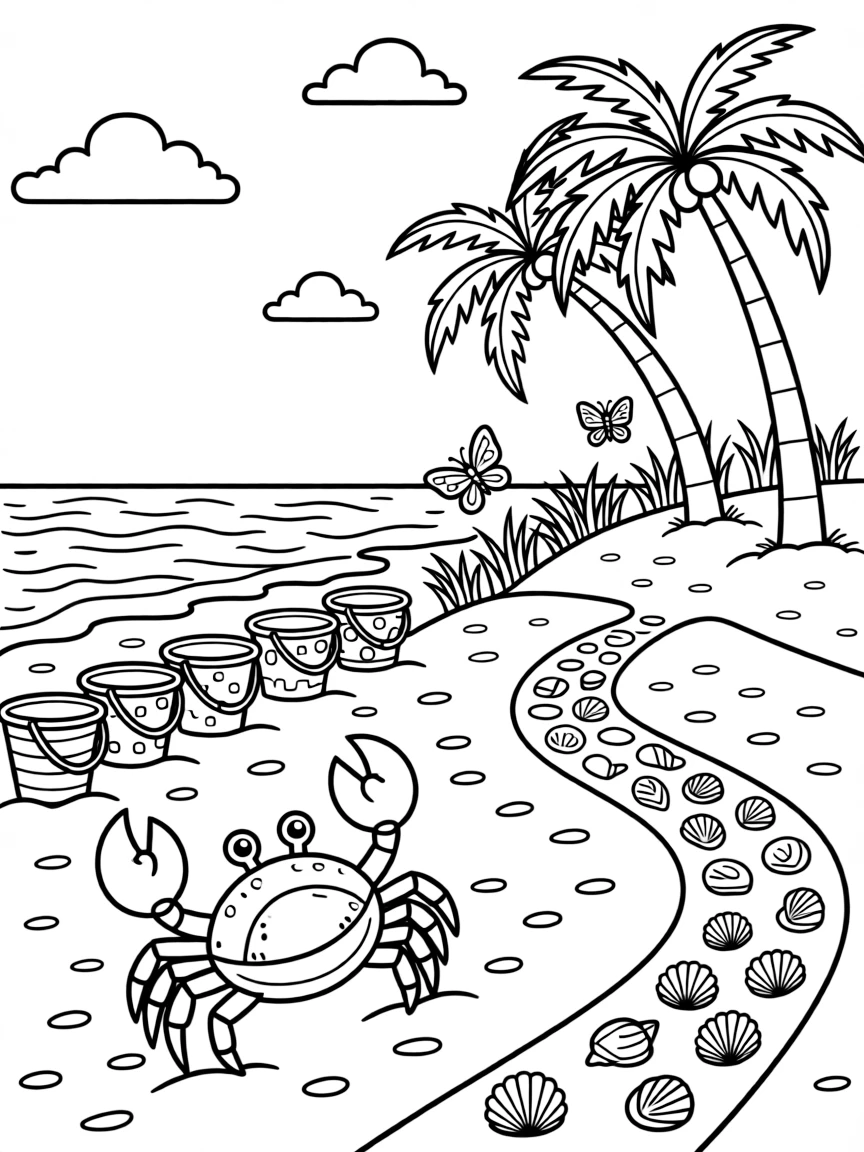 [Sandy Beaches] A friendly crab scuttles sideways across the sand, dodging a row of colorful beach buckets. Butterflies drift over beach grass growing along the edge of the dunes. Palm trees lean over the dunes near a winding path of scattered seashells. The sun sparkles across the gentle waves beneath a sky dotted with fluffy clouds.