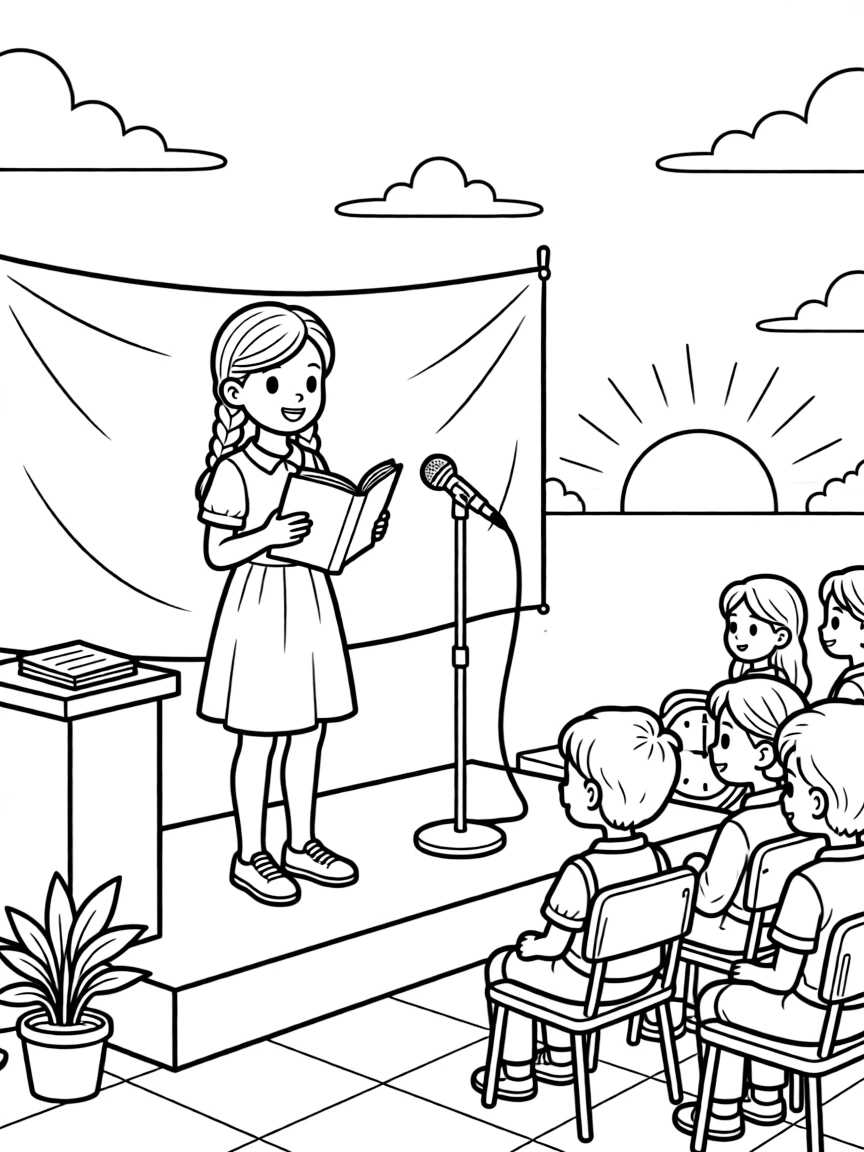 A girl with braids presenting a book report at a school assembly as the sun sets in orange and pink.