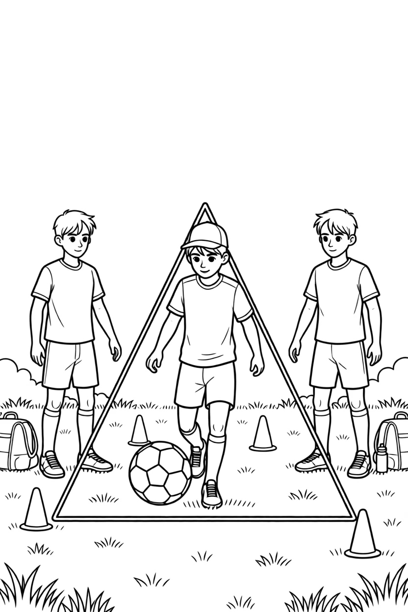 A confident boy wearing a bright cap, passing the ball in a triangle drill with two teammates during practice.