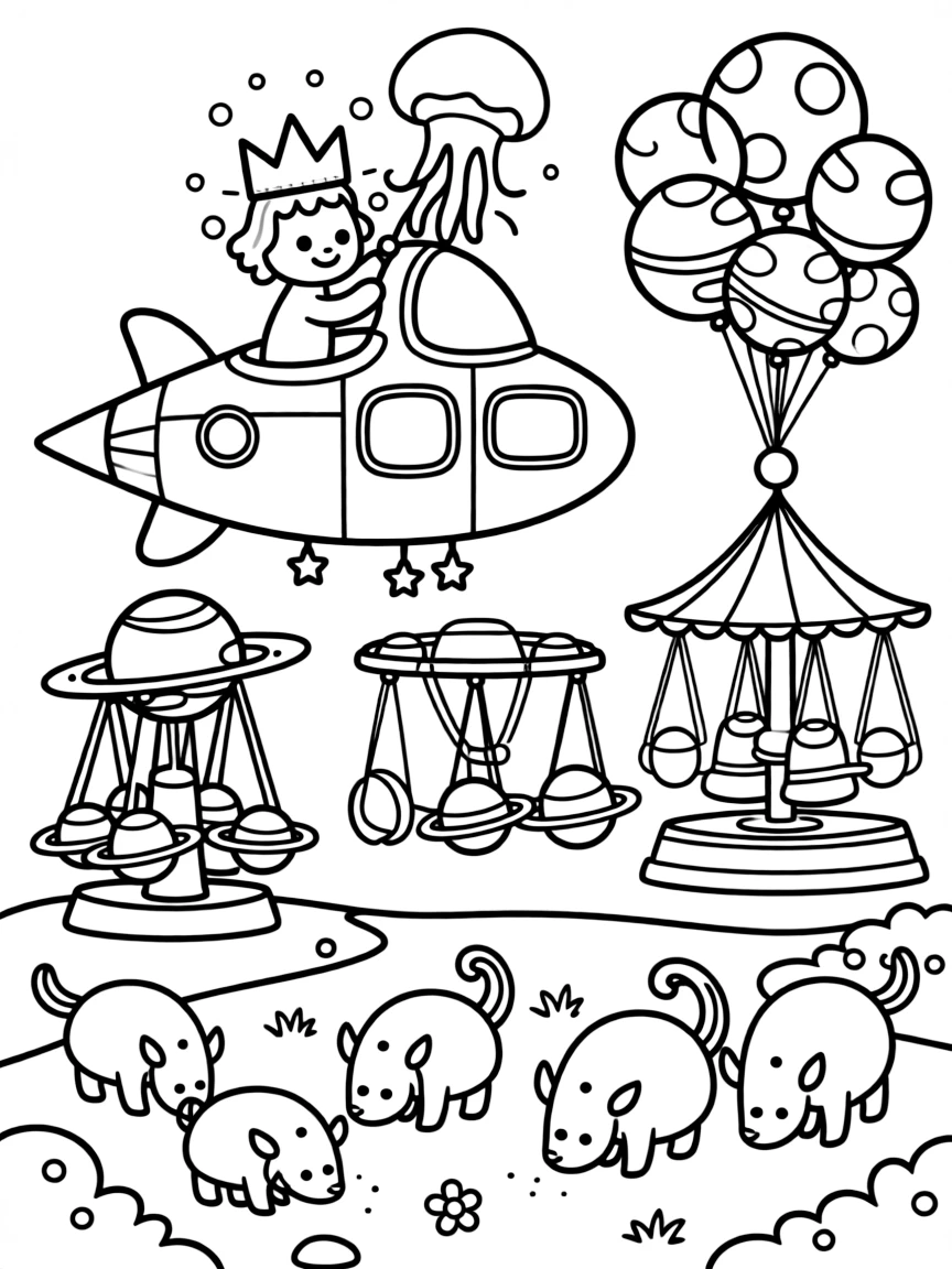 Ziggle, an alien with a glowing jellyfish crown decorating a spaceship for an intergalactic festival near a floating amusement park with rides shaped like planets, surrounded by a cluster of balloons shaped like planets and a herd of gentle six-legged alien creatures grazing nearby.