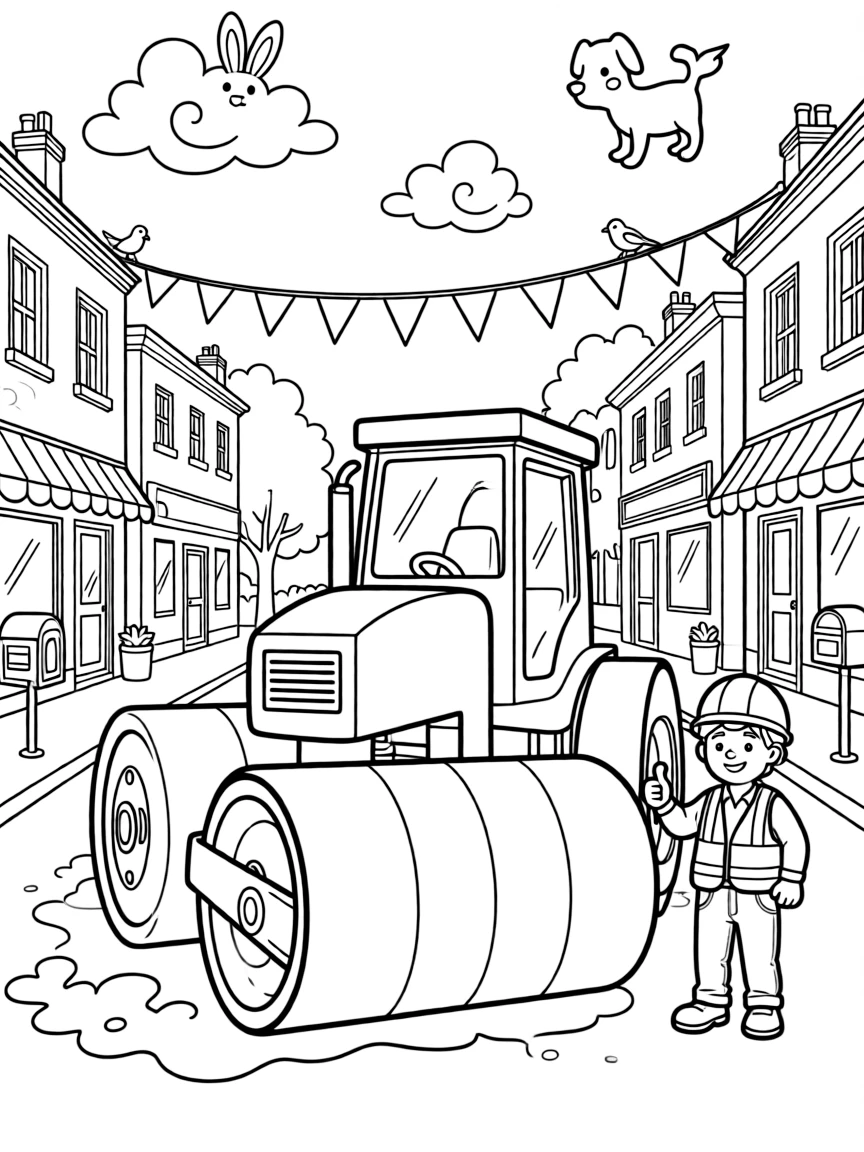 This page centers on a striped steamroller flattening fresh pavement exploring a small town main street decorated with fluttering flags, featuring a construction worker giving a big thumbs up and little extras like a string of triangle pennant flags overhead and fluffy clouds shaped like animals drifting overhead.