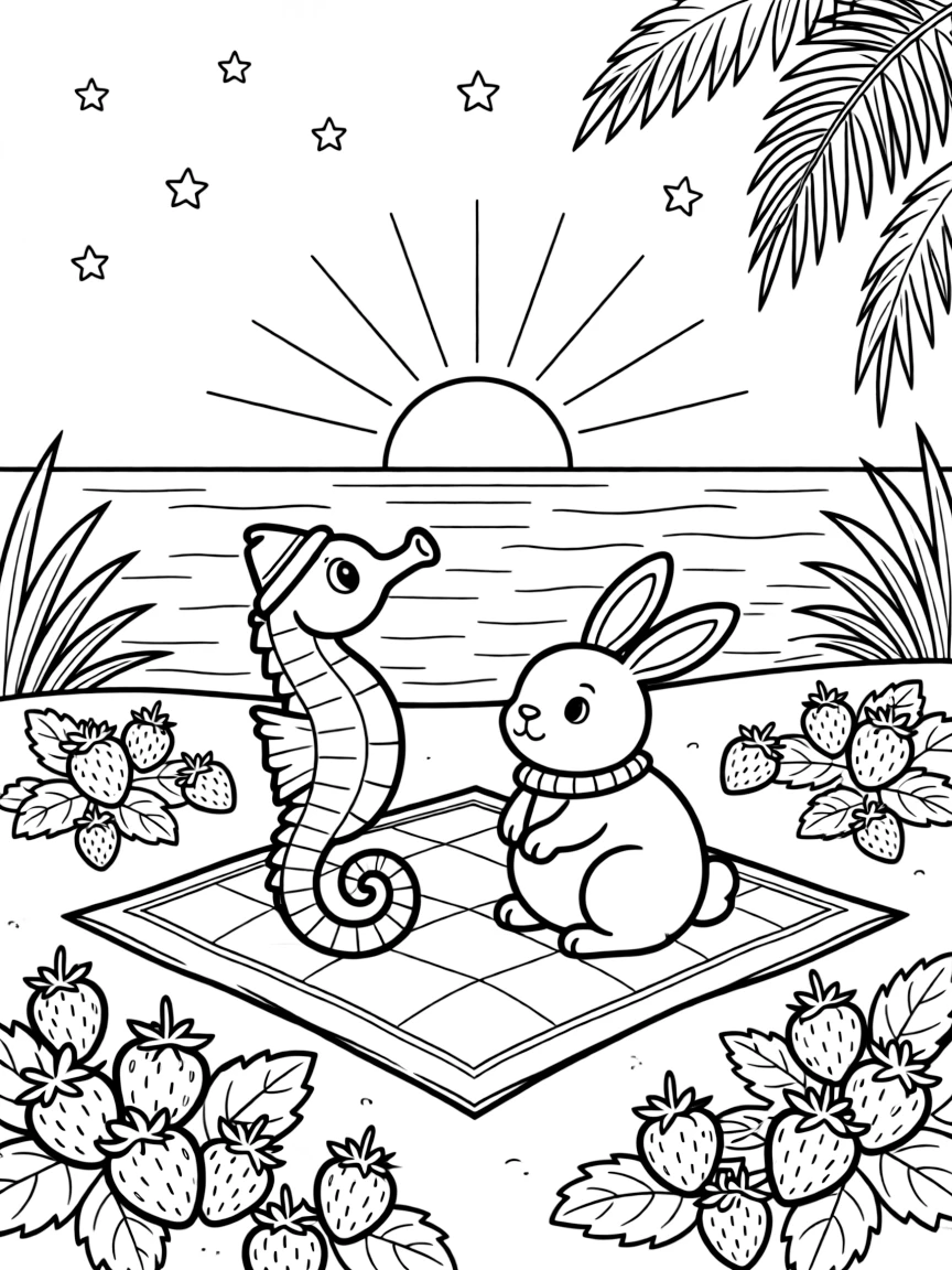 A seahorse on a tropical beach at sunset, stargazing on a blanket with a fluffy bunny, next to a patch of wild strawberries, as the sun sets in soft colors.