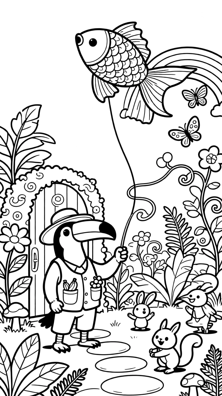 An energetic toucan fruit seller takes a break from adventures to try flying a kite shaped like a giant goldfish in a secret garden hidden behind a mossy gate, with a rainbow of butterflies fluttering by close behind. Every creature nearby wants to join in the fun.