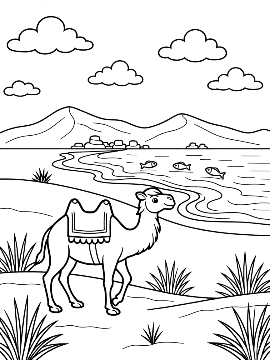 A coloring page of a camel walking across a desert dune near the Dead Sea in Israel, set against a scenic backdrop with soft clouds and a distant mountain or shoreline.