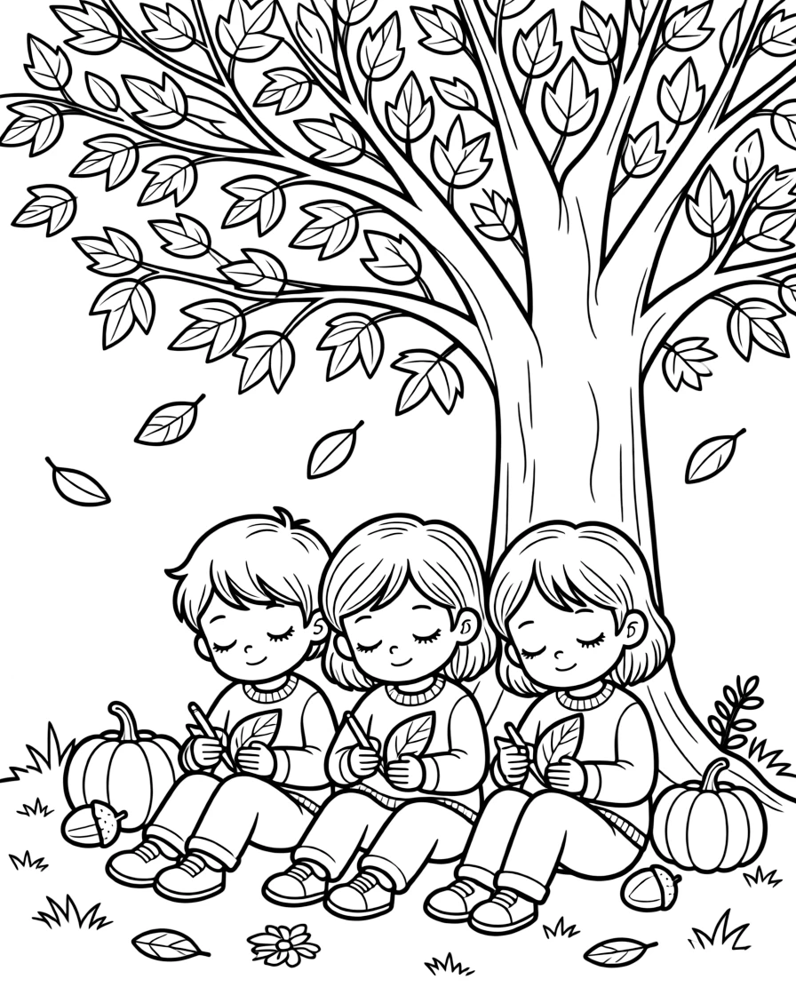 a sleepy group of three kids writes thankful notes on paper leaves for an autumn gratitude tree.