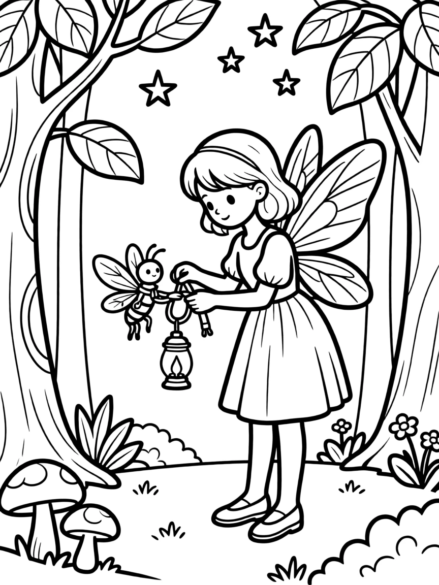 A fairy tailor fits a firefly with a tiny lantern harness so it can guide travelers safely through the night forest.