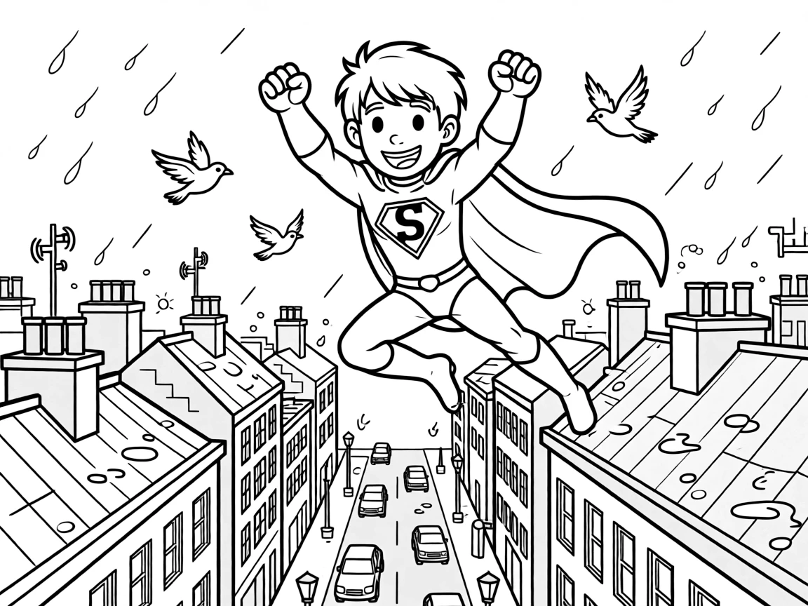[Superheroes] a caped superhero leaping between rooftops above busy city streets, cheering with both fists raised, while birds scatter as the hero zooms past fills the surrounding area. An emblem decorates the center of the chest. Set just after a rainstorm, with fireflies beginning to glow, the page bursts with adventure and imagination.