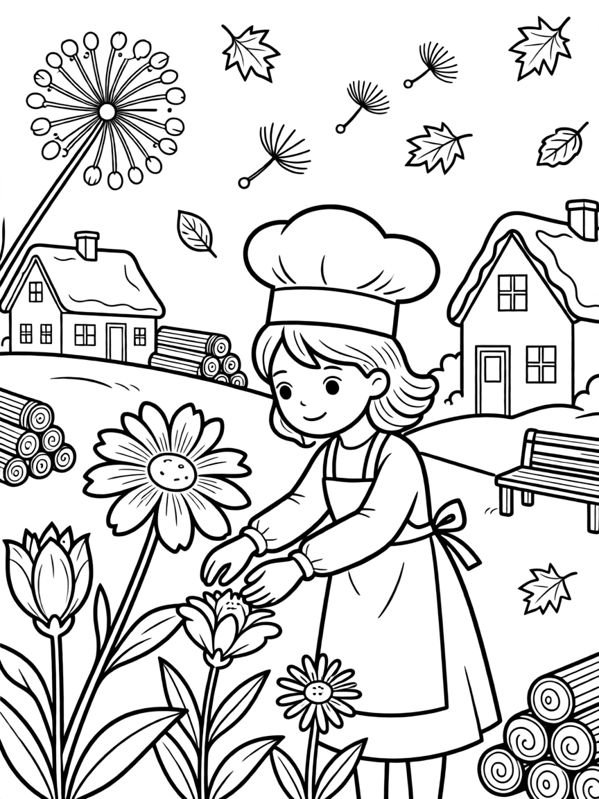 A girl baker in an apron and chef's hat is tending a garden of glowing enchanted flowers in a snow-covered winter village. floating dandelion seeds catching the light and swirling autumn leaves in every color add a playful, cheerful touch.