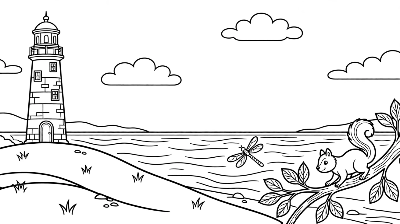 A lighthouse overlooking a calm migrating sea on a rolling hillside beneath a wide open sky, with a squirrel scampering along a branch and a dragonfly hovering above the water nearby.