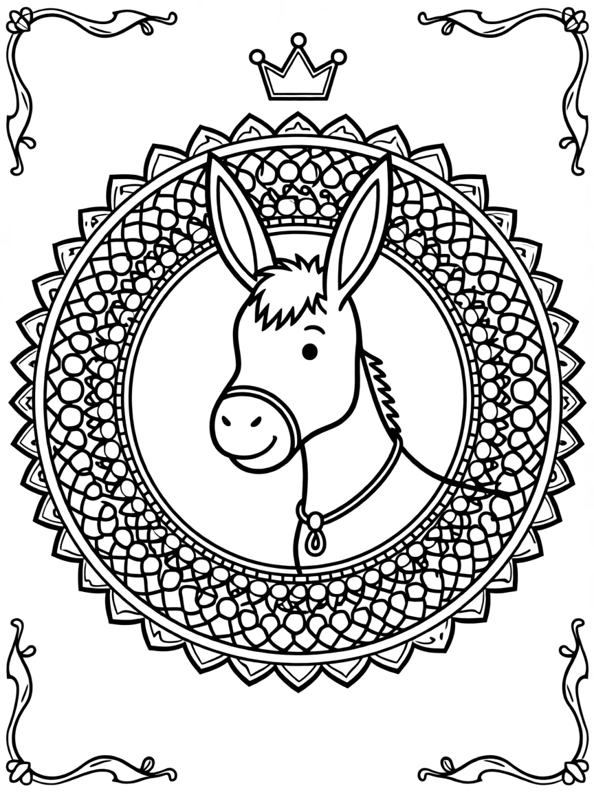 Farm Animals: The page presents a small themed scene built around a donkey with long upright ears, tied together by a spiral mandala that winds gently from center to edge. The scene is set within a framed scene where every element on one side is echoed by a twin on the opposite side. Decorative details fill the surrounding space, including a field of tiny honeycomb cells, delicate lace-edged fringes, and loops shaped like small bows woven throughout the background. A playful extra touch completes the page: a small crown resting just above the center of the design.