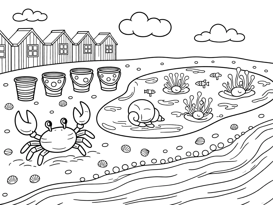 [Sandy Beaches] A friendly crab scuttles sideways across the sand, dodging a row of colorful beach buckets. A hermit crab explores a cluster of tide pools filled with tiny fish and colorful anemones. A row of colorful beach huts lines the top of the dune, overlooking the sparkling sea. Fluffy clouds drift over the shoreline while gentle waves lap at the sand.
