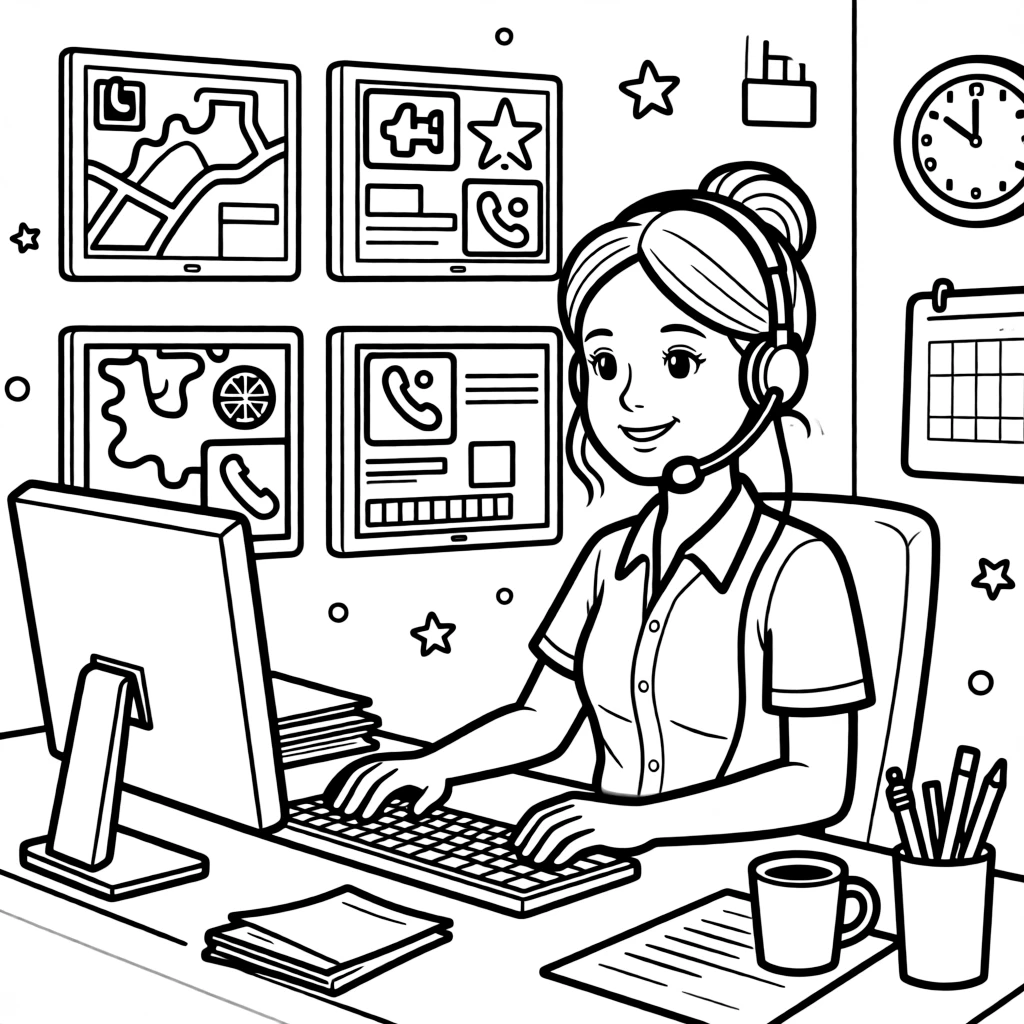 A 911 dispatcher answers calls while typing quickly at a wall of screens.