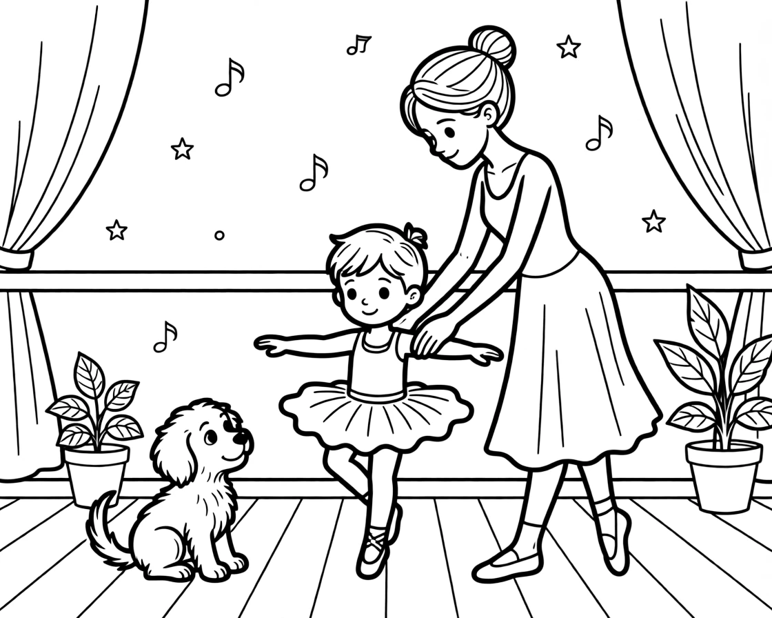 A shy toddler practicing a twirl with a ballet teacher as a curious puppy watches.