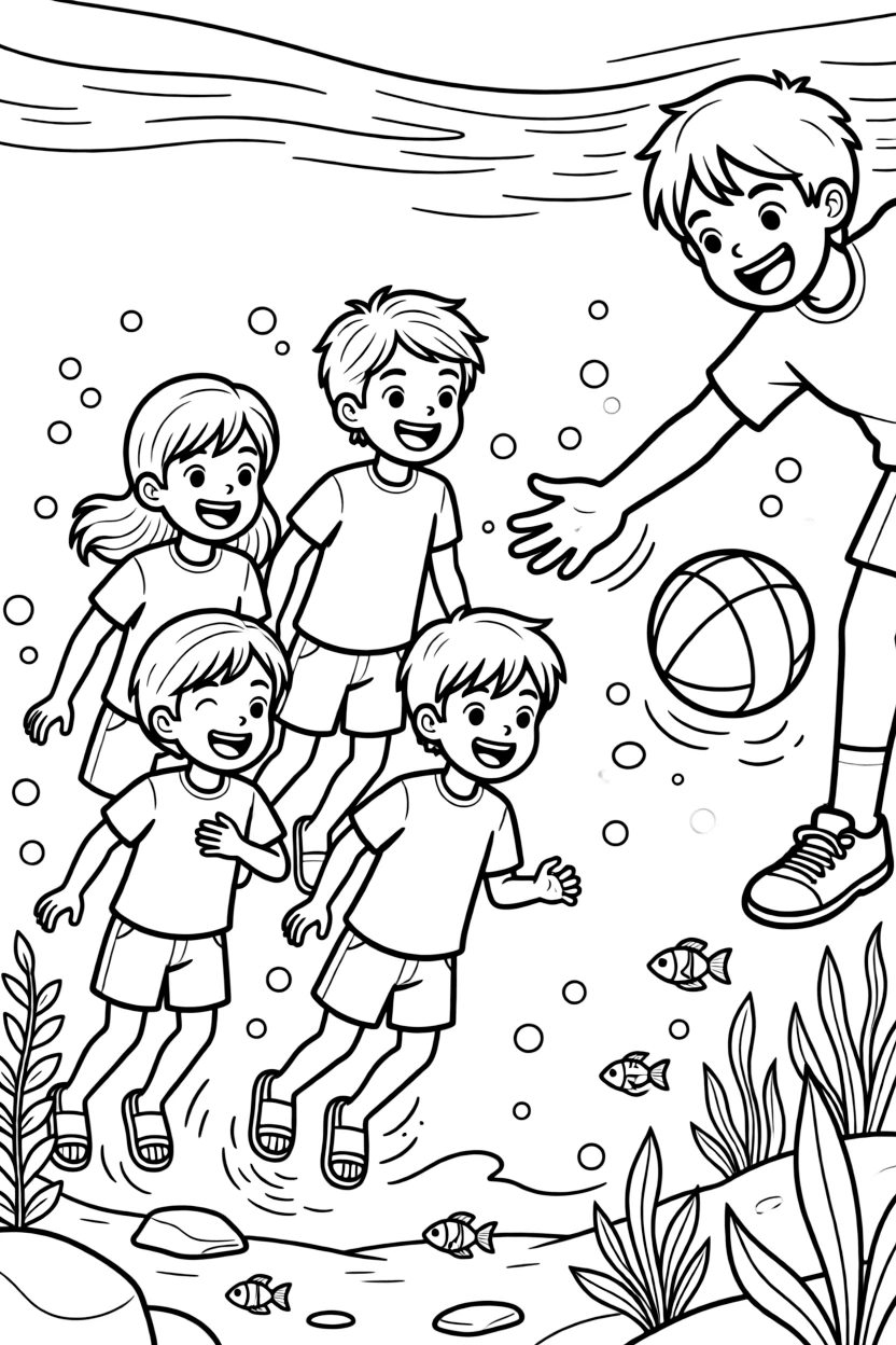 A group of classmates, diving underwater briefly to dodge a defender's outstretched arm.