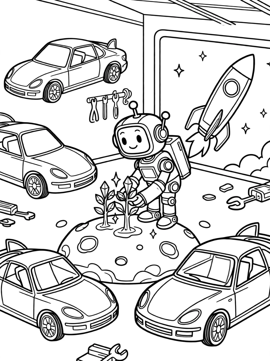 In a workshop garage filled with half-finished hovercars, Tinker, a friendly giant robot helping plant a forest of crystal trees on a rocky moon, while a mural of a rocket ship painted on a nearby wall adds to the excitement.