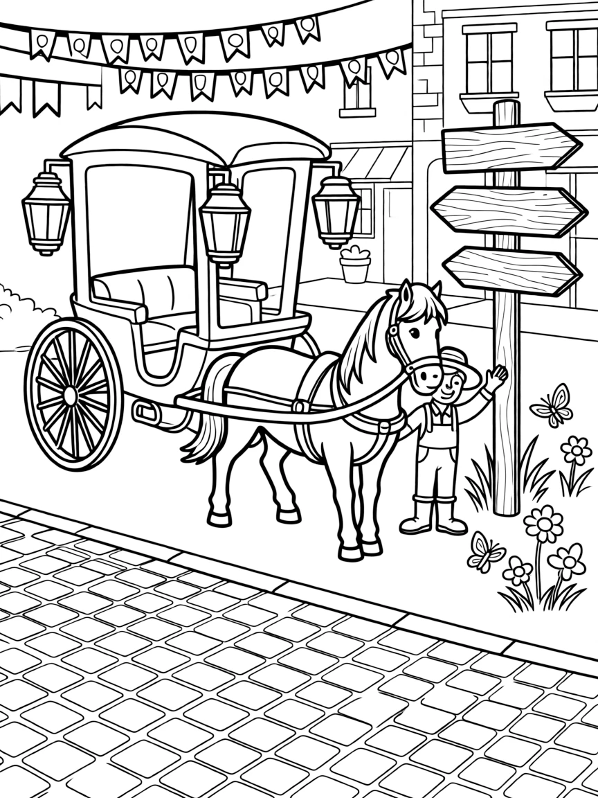 In this scene, a horse-drawn carriage with lantern lamps on each side is the star of a small town main street decorated with fluttering flags, joined by a friendly farmer tipping his straw hat, with an old wooden signpost pointing to faraway towns and butterflies fluttering near a patch of wildflowers scattered throughout for kids to color.