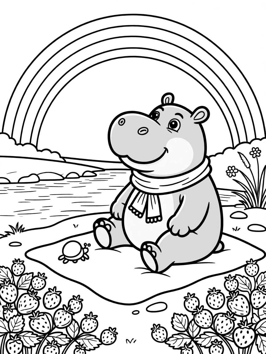 A hippo stargazing on a blanket with a hermit crab on a riverbank at dawn, near a patch of wild strawberries, while a rainbow arches overhead.
