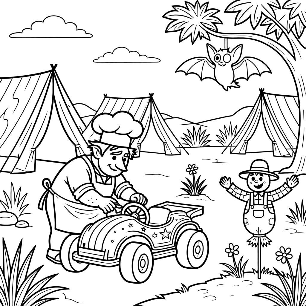 In a desert oasis ringed with striped tents, a bold ogre chef is busy putting the finishing touches on a homemade go-kart, cheered on by a cheerful scarecrow waving from the field and a friendly bat hanging upside down nearby. It's shaping up to be the happiest day in the whole kingdom.