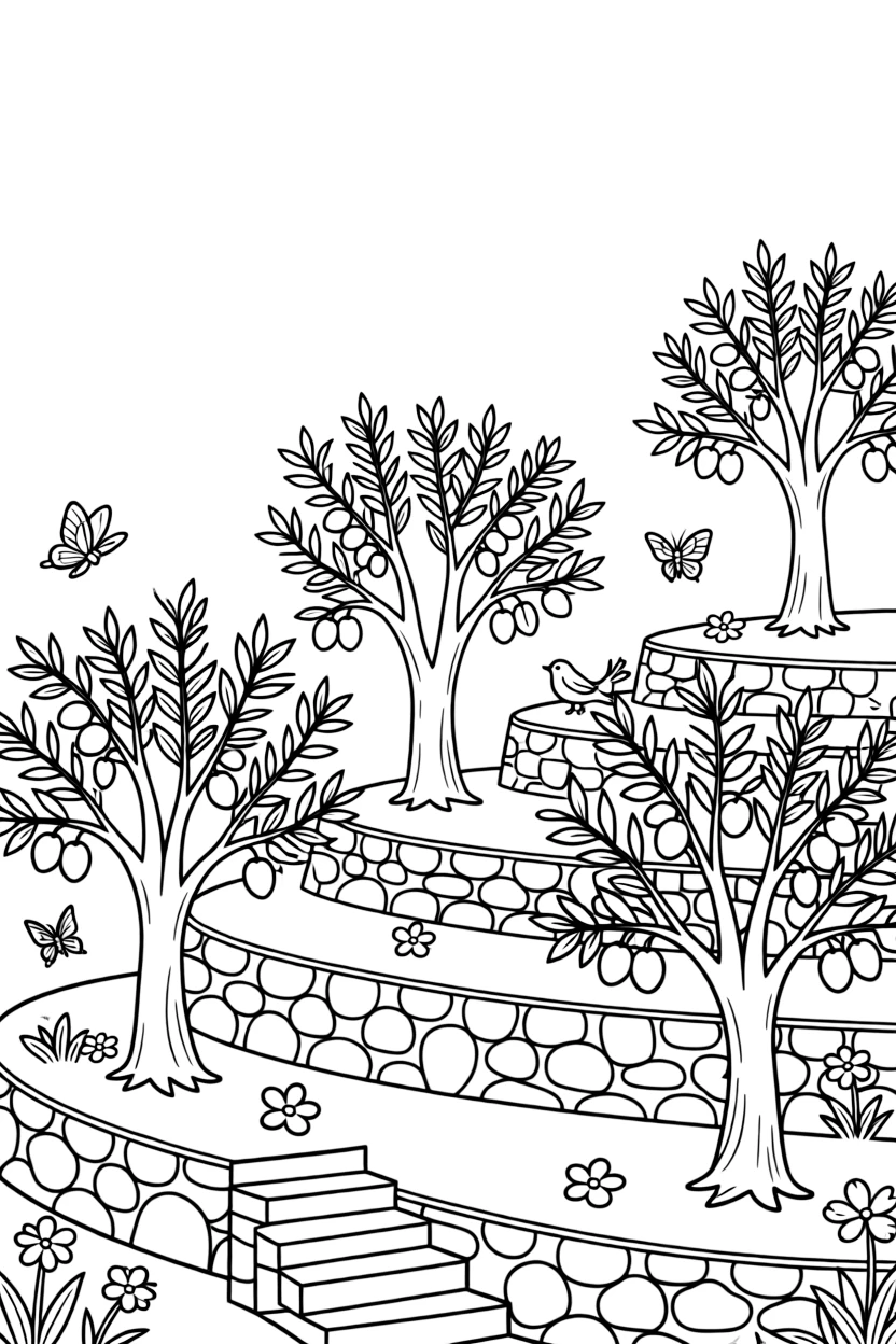 A coloring page highlighting a beloved cultural symbol from Israel: an olive tree grove on a terraced hillside, displayed proudly with small decorative flourishes around it.