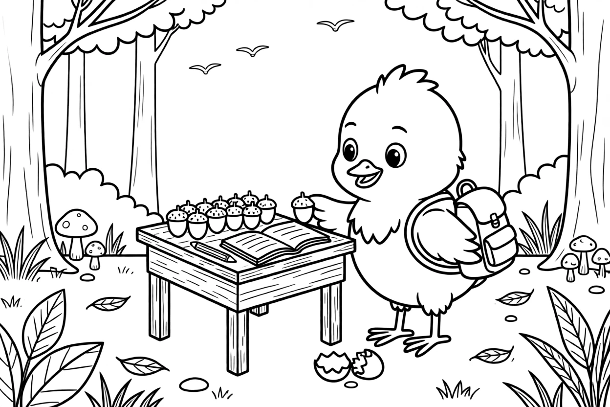 a proud a chick fresh from its egg counts acorns into neat piles at a tiny school desk in the forest.