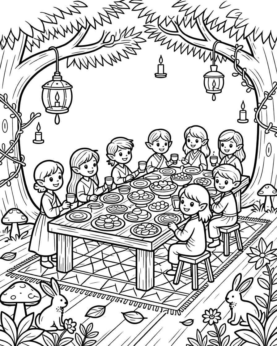 A grand feast is held in a treetop banquet hall, elves and forest spirits sharing a table lit by floating candle orbs.