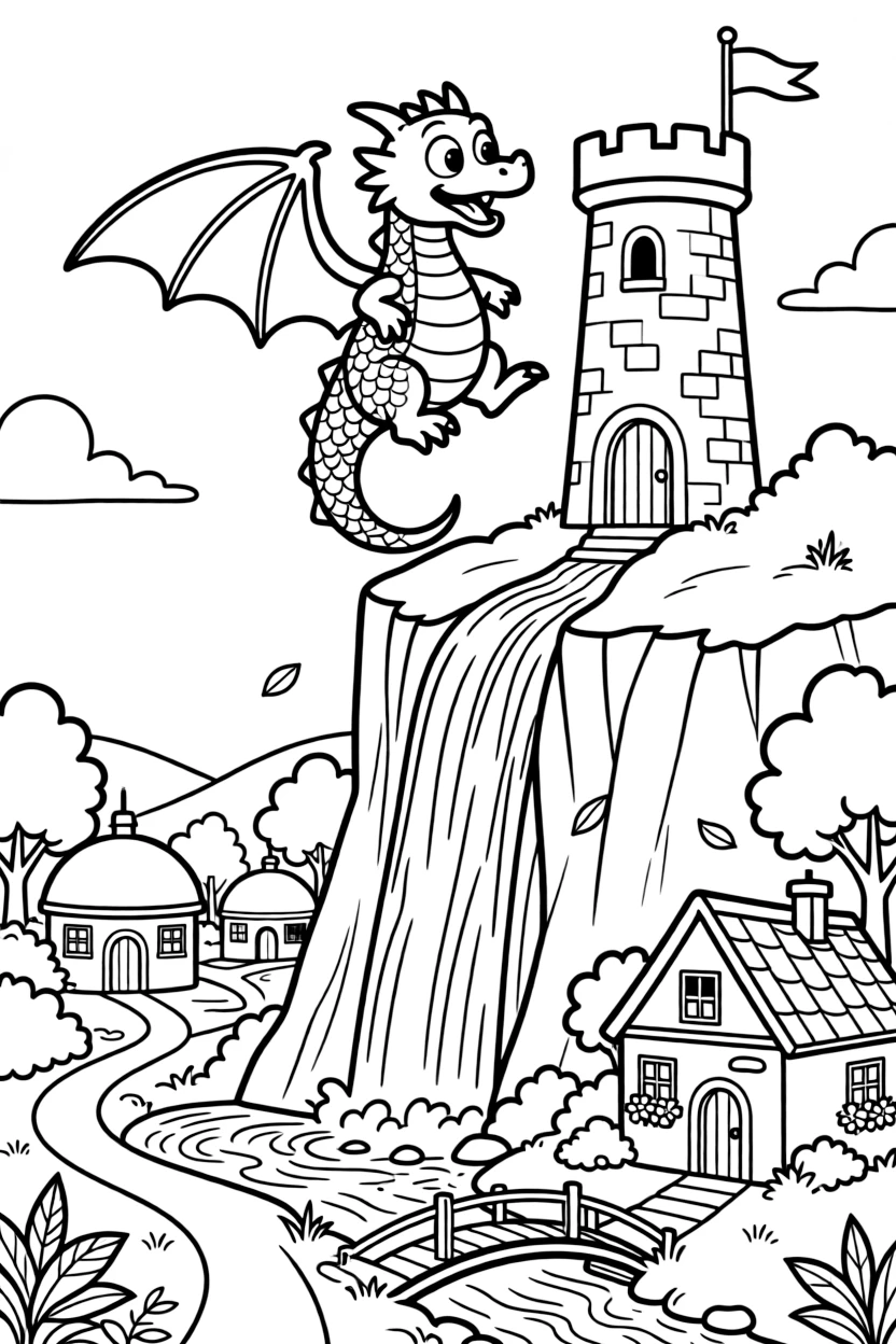 [Dragons] a scaly forest dragon perched atop a castle tower beside a waterfall tumbling down cliffs, gasping in amazement. Nearby, a small village with round rooftops sits below. Its wings cast a great shadow over the landscape. The scene is captured in the late afternoon, under clear blue skies, giving the page a lively and adventurous feel that invites plenty of colorful detail.