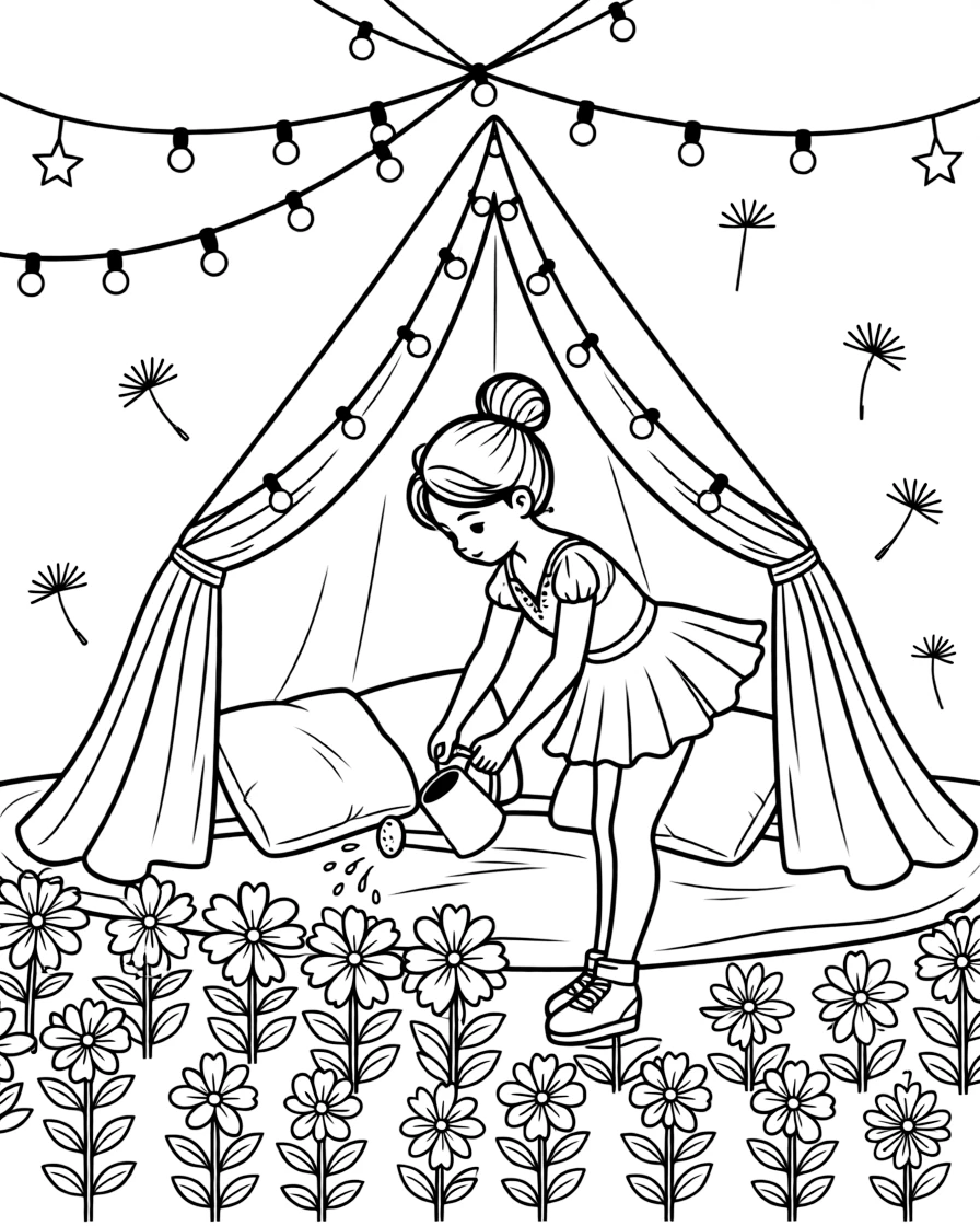 A girl figure skater in a sparkly costume is watering rows of flowers with a tiny watering can inside a blanket fort glowing with fairy lights. All around, floating dandelion seeds catching the light and strings of fairy lights strung overhead complete the joyful scene.