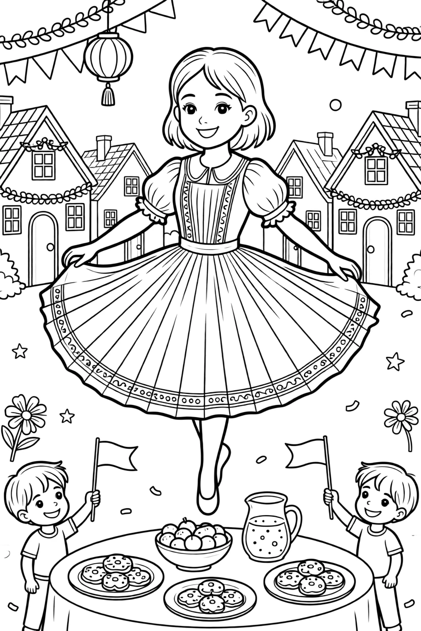 A close-up of a dancer in a traditional pleated costume in a neighborhood where every house has festive decorations, surrounded by a table set with special holiday dishes and children waving small flags.
