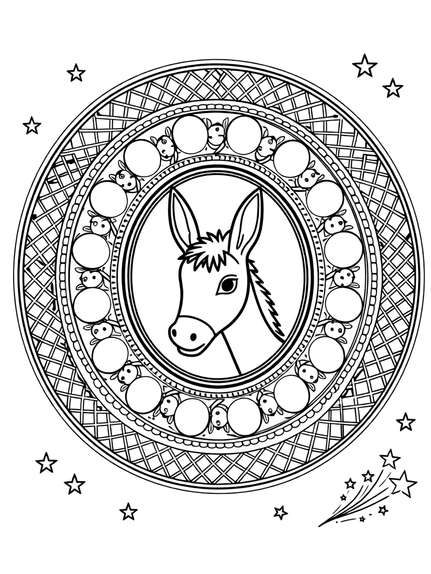 Farm Animals: The design turns a donkey with long upright ears into a kaleidoscope-style composition anchored by an oval medallion mandala framed by a double border. The imagery is arranged in a spinning ring of repeated segments, each one a slightly rotated twin of its neighbor. Decorative details fill the surrounding space, including overlapping fish-scale textures, interlocking circle chains, and clusters of small five-point stars woven throughout the background. A playful extra touch completes the page: a small cluster of shooting stars tucked into one corner.
