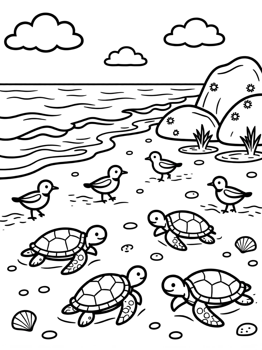 [Sandy Beaches] A family of sea turtles makes its way across the sand toward the sparkling ocean. Sandpipers dash along the shoreline, chasing the retreating waves. Rolling waves crash near a cluster of smooth rocks dotted with barnacles and tide pools. Fluffy clouds drift over the shoreline while gentle waves lap at the sand.