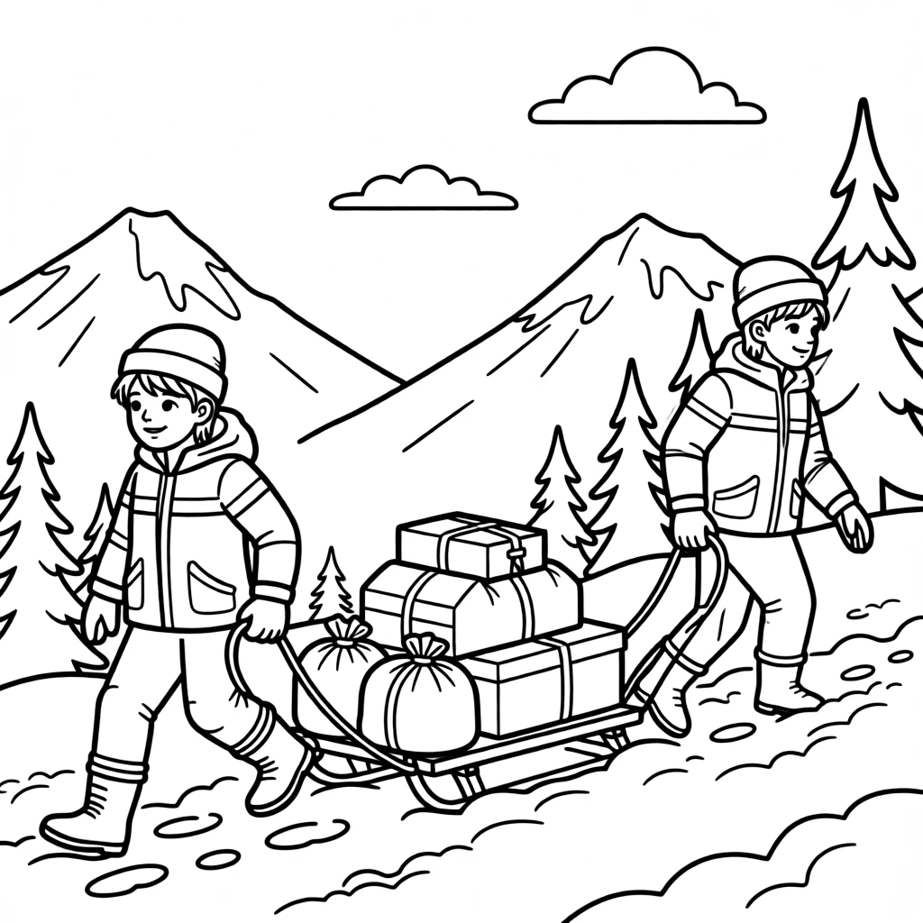 A mountain rescue team pulls a sled carrying supplies through deep snow.