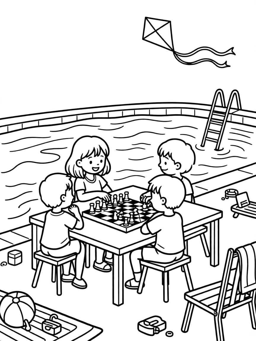 A little girl playing chess with cousins at the community pool with a kite dancing in the wind.