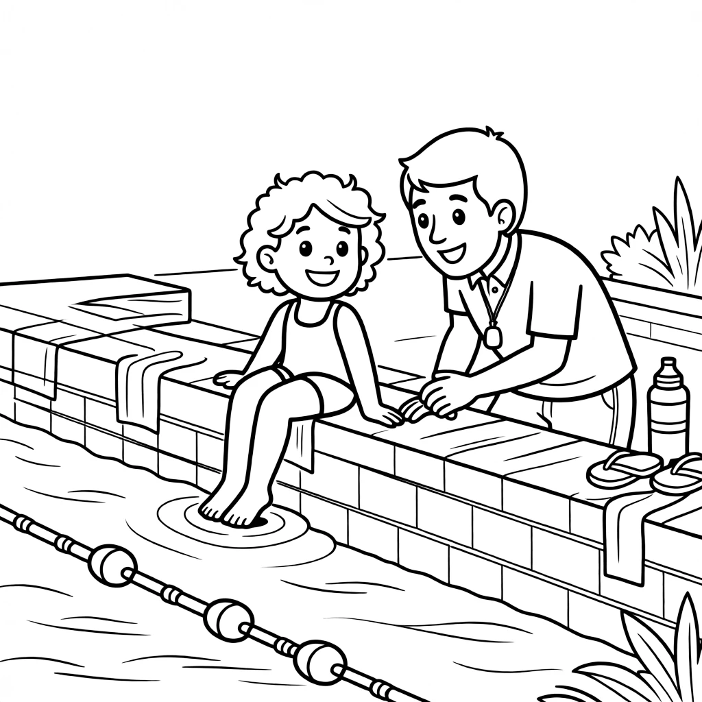 A little girl with curly hair, huddling at the pool wall between periods, coach giving quick instructions.