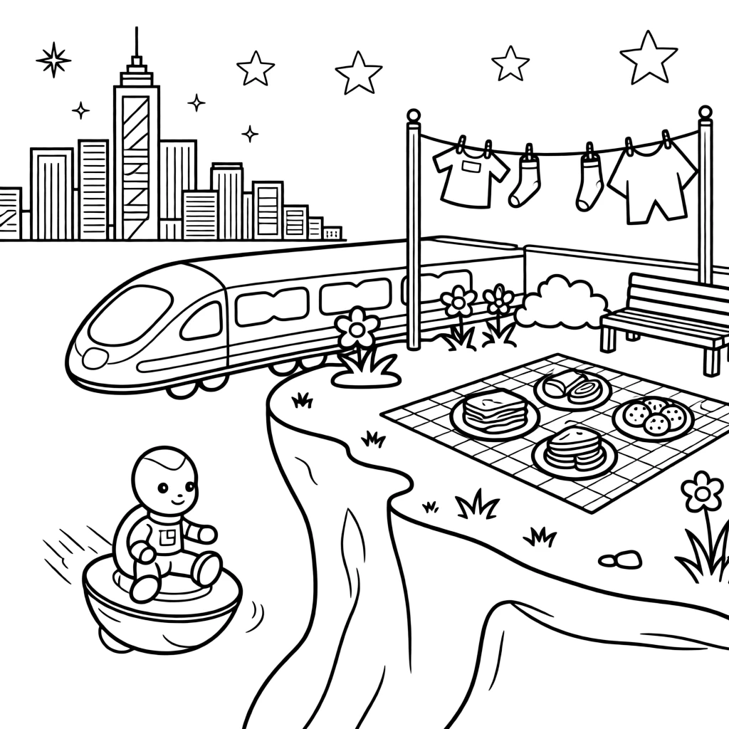 Squig, a tiny alien explorer riding a floating pod racing to catch a runaway hover-train before it reaches the canyon near a rooftop garden overlooking a glowing cyber skyline, surrounded by a picnic blanket spread with snacks under the stars and a line of laundry fluttering between two towers.