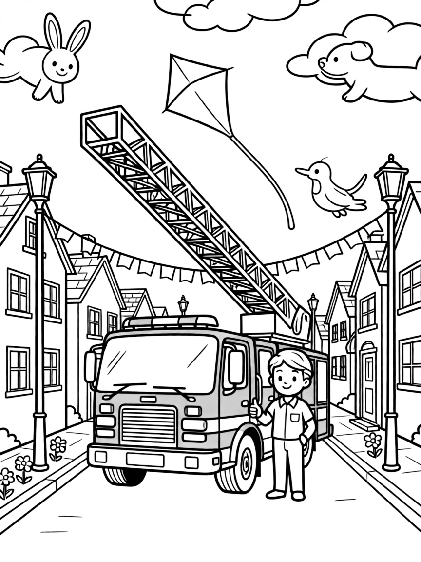 A coloring page featuring a bright red fire truck extending its tall ladder, traveling through a neighborhood street decorated for a holiday parade, with a smiling paramedic giving a thumbs up and a kite dancing in the breeze above and fluffy clouds shaped like animals drifting overhead filling the scene.