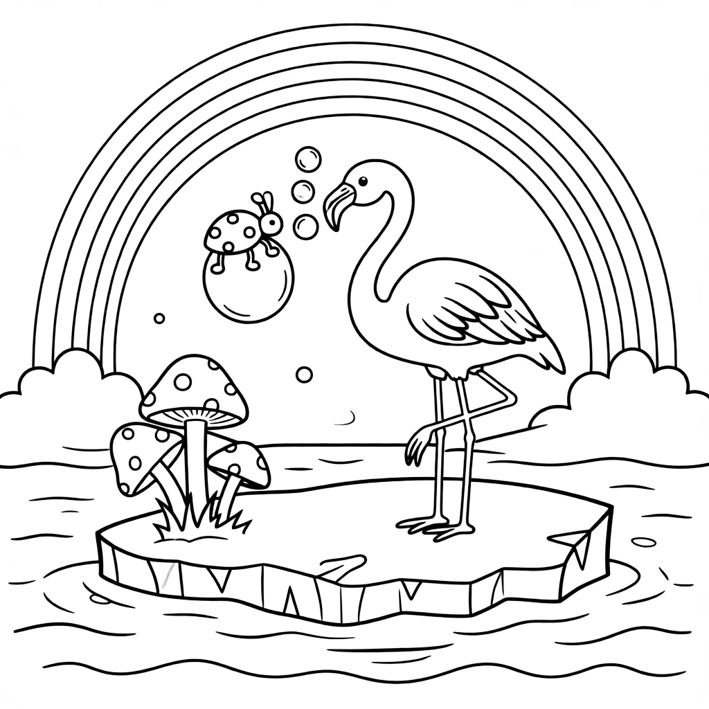 A flamingo on an iceberg in the arctic sea, blowing bubbles with a ladybug, next to a cluster of colorful mushrooms, while a rainbow arches overhead.