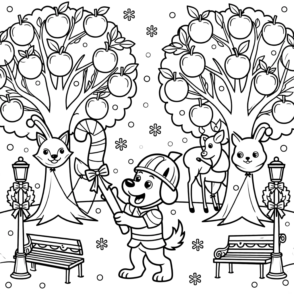 Mischievous and full of excitement, a knight in training puppy spends the day decorating the town square for a winter celebration in an orchard heavy with giant candy apples. Nearby, balloons shaped like friendly woodland animals adds to the fun. A gentle breeze carries the sound of joyful laughter.